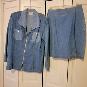 Monique Fashion Women's  Blue Jean Jacket and Skirt Set Size 12 EUC